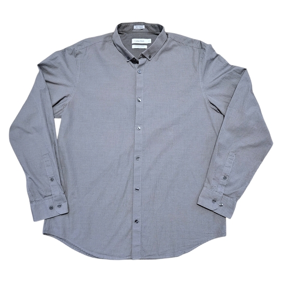 Calvin Klein Infinite Non-Iron Button Up Shirt Mens Large Gray Check 100% Cotton - Picture 1 of 13